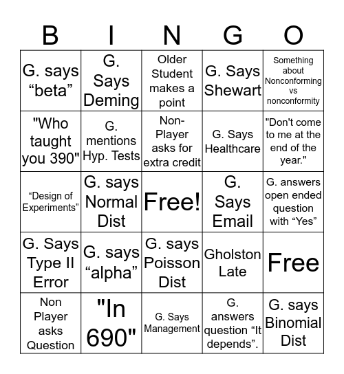 ISE 423 Bingo Card