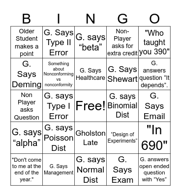 ISE 423 Bingo Card