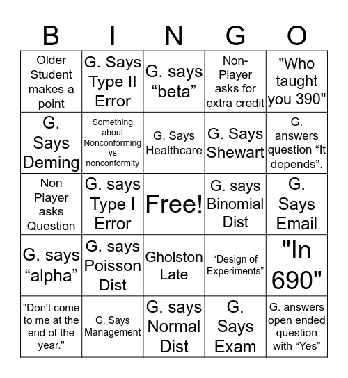 ISE 423 Bingo Card