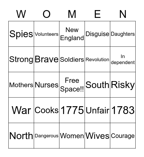 Revolutionary War Bingo Card