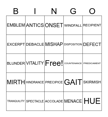 Notable Nouns Bingo Card