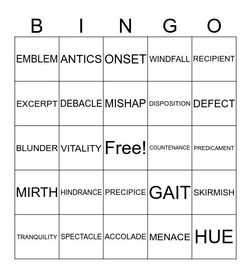 Notable Nouns Bingo Card