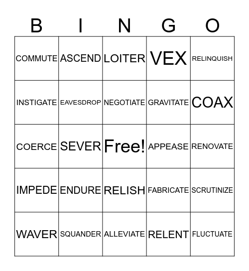 Vibrant Verbs Bingo Card