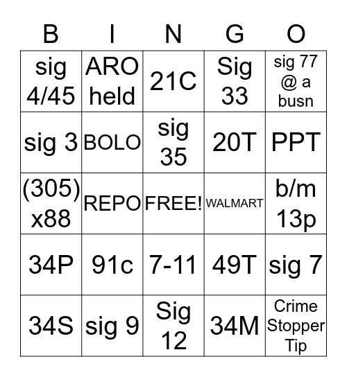 Calltaker Bingo Card