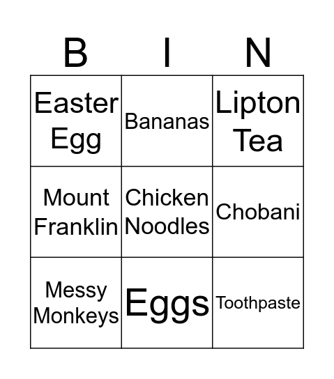 Shopping  Bingo Card