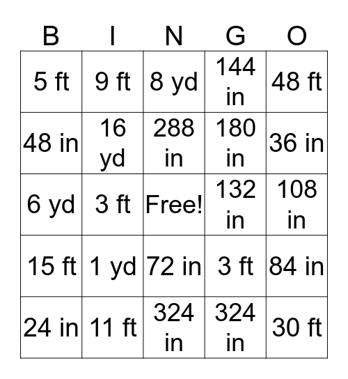 Customary Units of Measurement - Length Bingo Card
