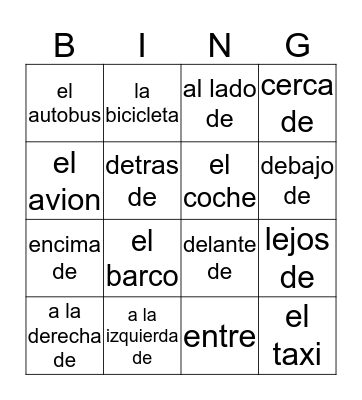 Vocabulario Bingo Card