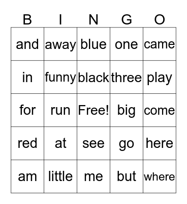 Sight Word Bingo Card