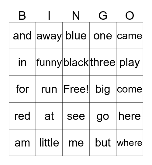 Sight Word Bingo Card