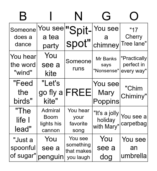 Mary Poppins Bingo Card
