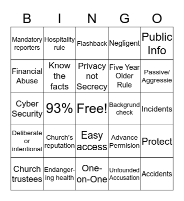 Safe Sanctuaries Bingo  Bingo Card