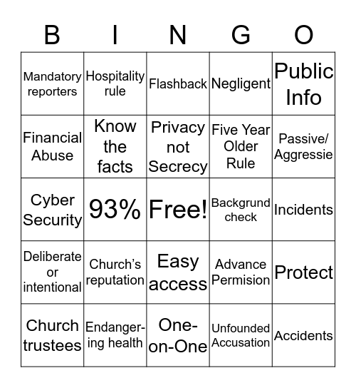 Safe Sanctuaries Bingo  Bingo Card