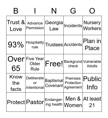 Safe Sanctuaries Bingo  Bingo Card