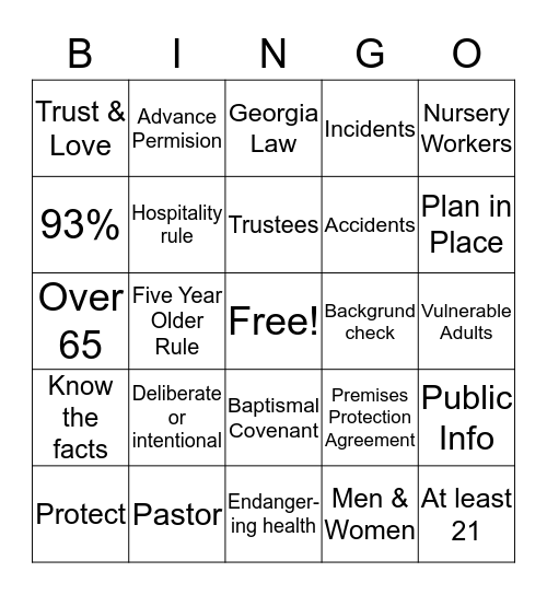 Safe Sanctuaries Bingo  Bingo Card