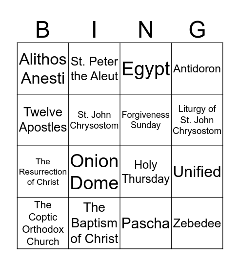 Orthodox Bingo Card