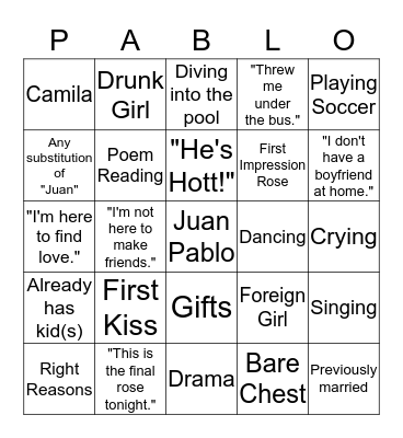 Bachelor Bingo Card