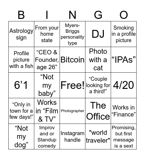 CIS Male Tinder Bingo Card