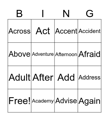 Vocabulary 1 Bingo Card