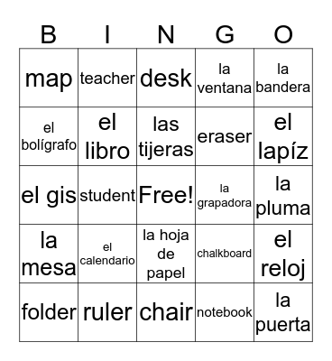 Spanish Vocabulary BINGO Card