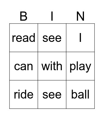 Play time Bingo Card