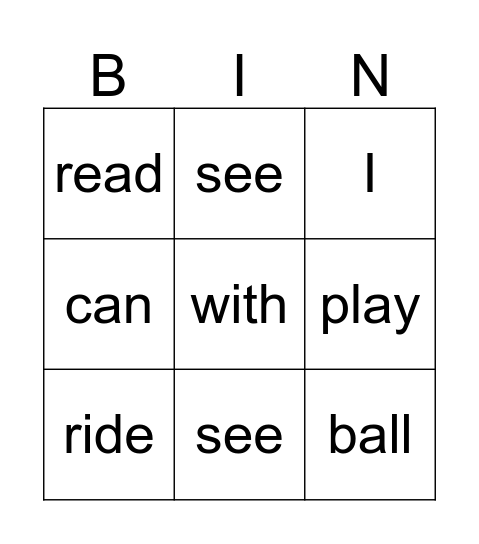 Play time Bingo Card