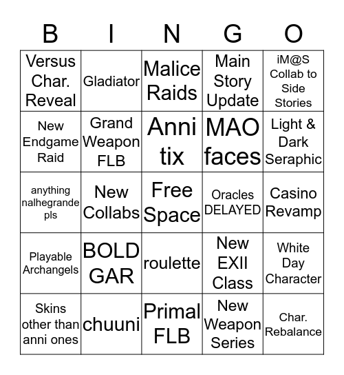 Granblue 5th Anniversary Stream Bingo Card