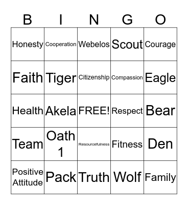 Cub Scout Bingo Card