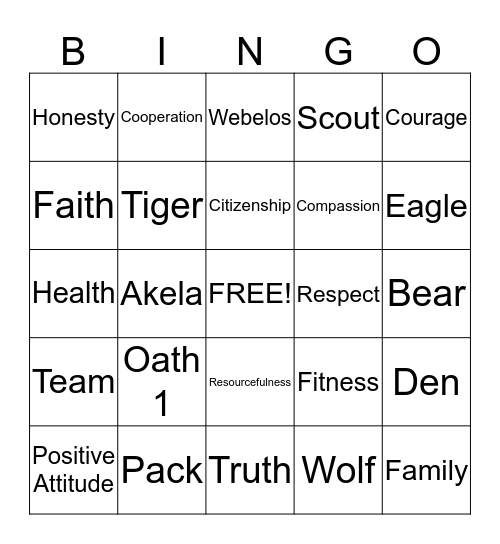 Cub Scout Bingo Card