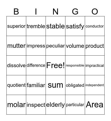 Vocabulary Bingo Card