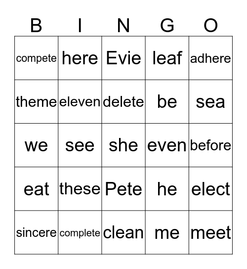 Long e Bingo Card