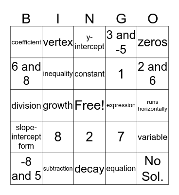 Algebra 1 Bingo Card