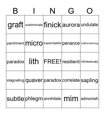 vocabulary bingo game Bingo Card