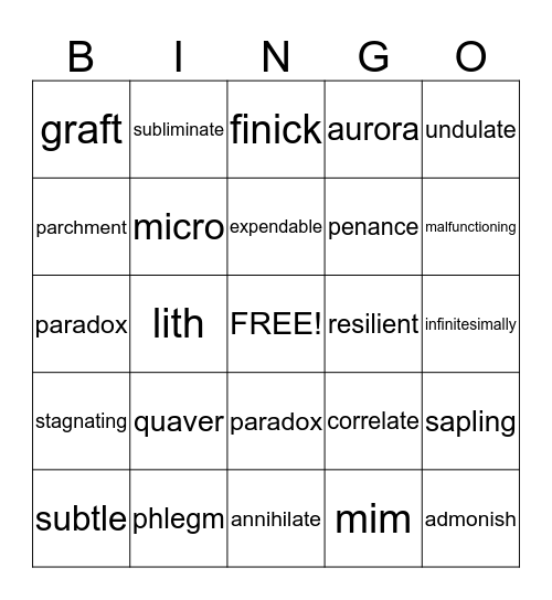 vocabulary bingo game Bingo Card