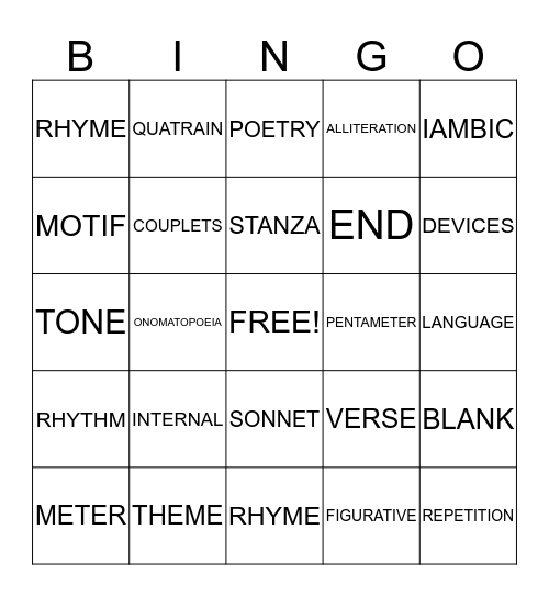 Key Terms - Year 11 English Bingo Card