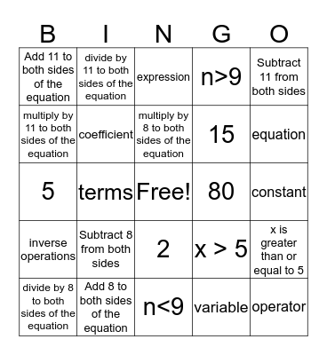 Algebra BINGO Card