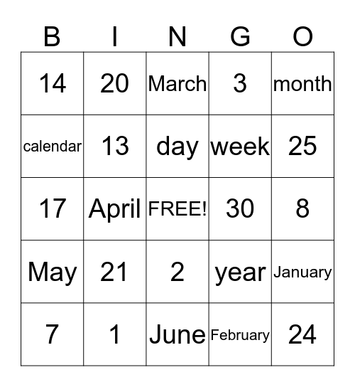 Calendar Bingo Card