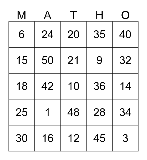 MATHO BINGO GAME Bingo Card