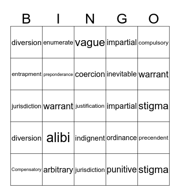 American Legal System Bingo  Bingo Card