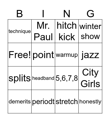Performance Dance  Bingo Card
