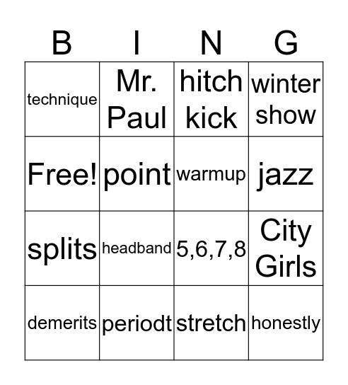 Performance Dance  Bingo Card