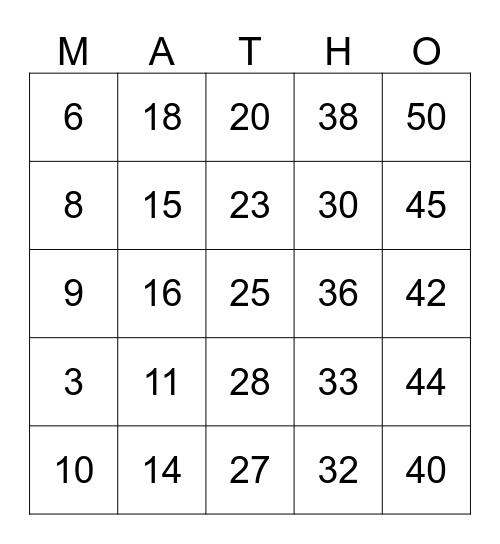 MATHO BINGO GAME Bingo Card