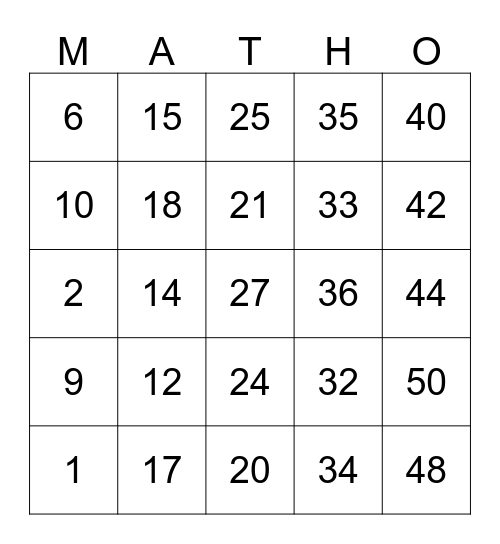 MATHO BINGO GAME Bingo Card