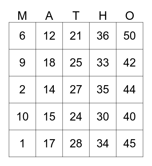 MATHO BINGO GAME Bingo Card