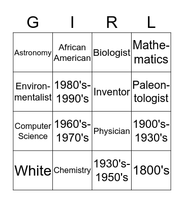Women in Science Bingo Card
