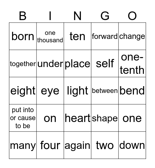 Roots and Affixes part 2 Bingo Card
