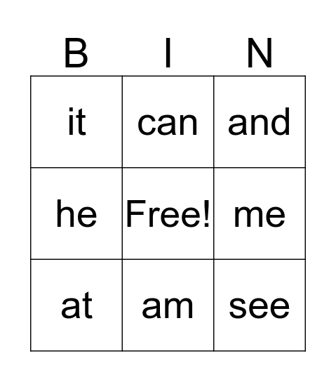 Sight Words Bingo Card