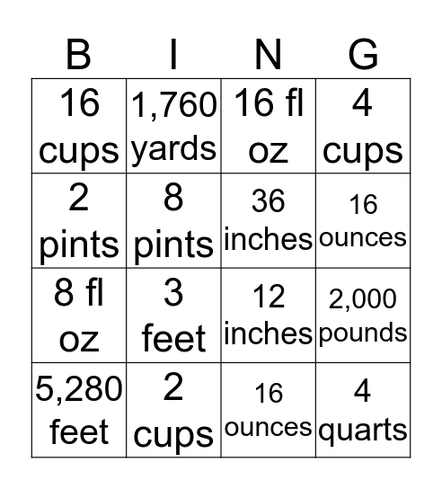 Customary Units Bingo Card