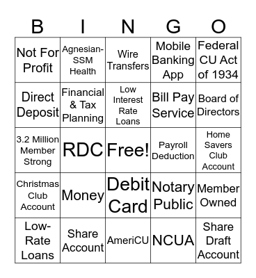 Credit Union Bingo  Bingo Card