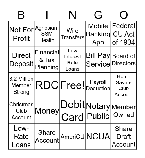 Credit Union Bingo  Bingo Card