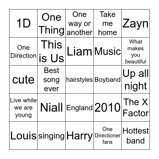 Aimee loves One Direction Bingo Card